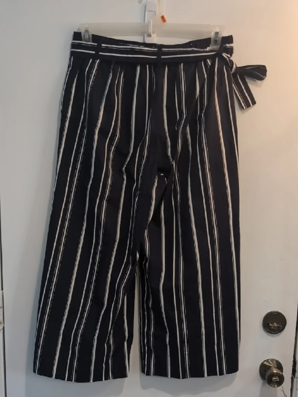 J Crew Striped Navy/White Poplin Tie-Waist Cropped Wide-Leg Pants Size 8